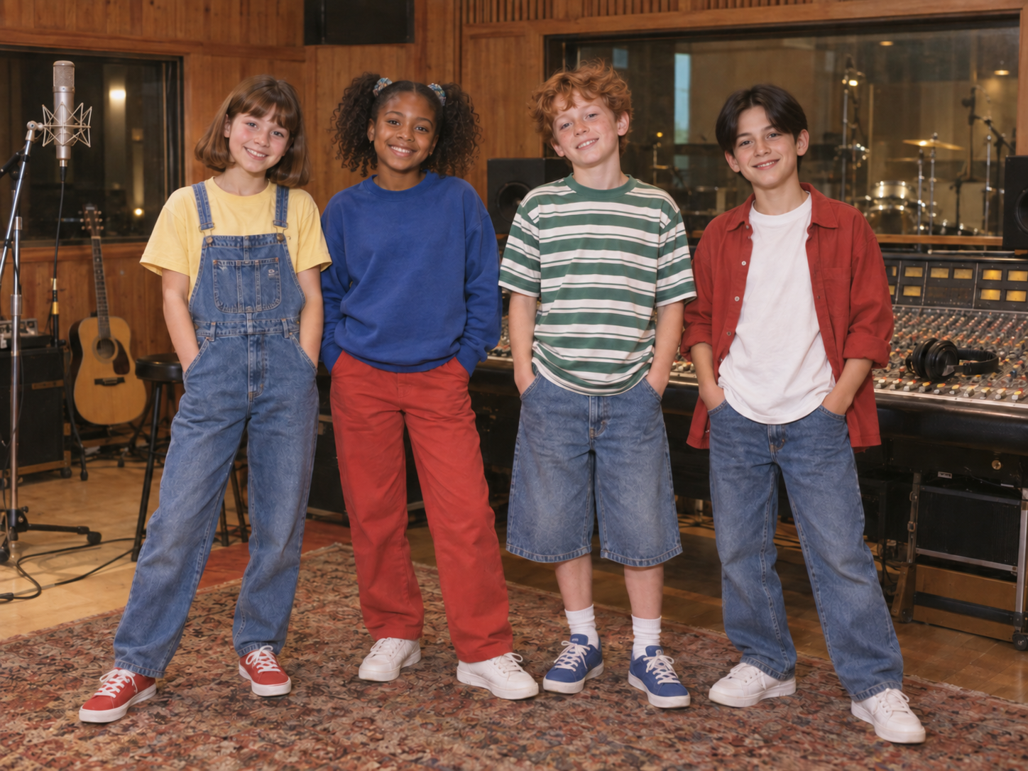 De vier fictieve bandleden van KritiKidz in de studio: Fien, Aïcha, Mats en Seppe, van links naar rechts